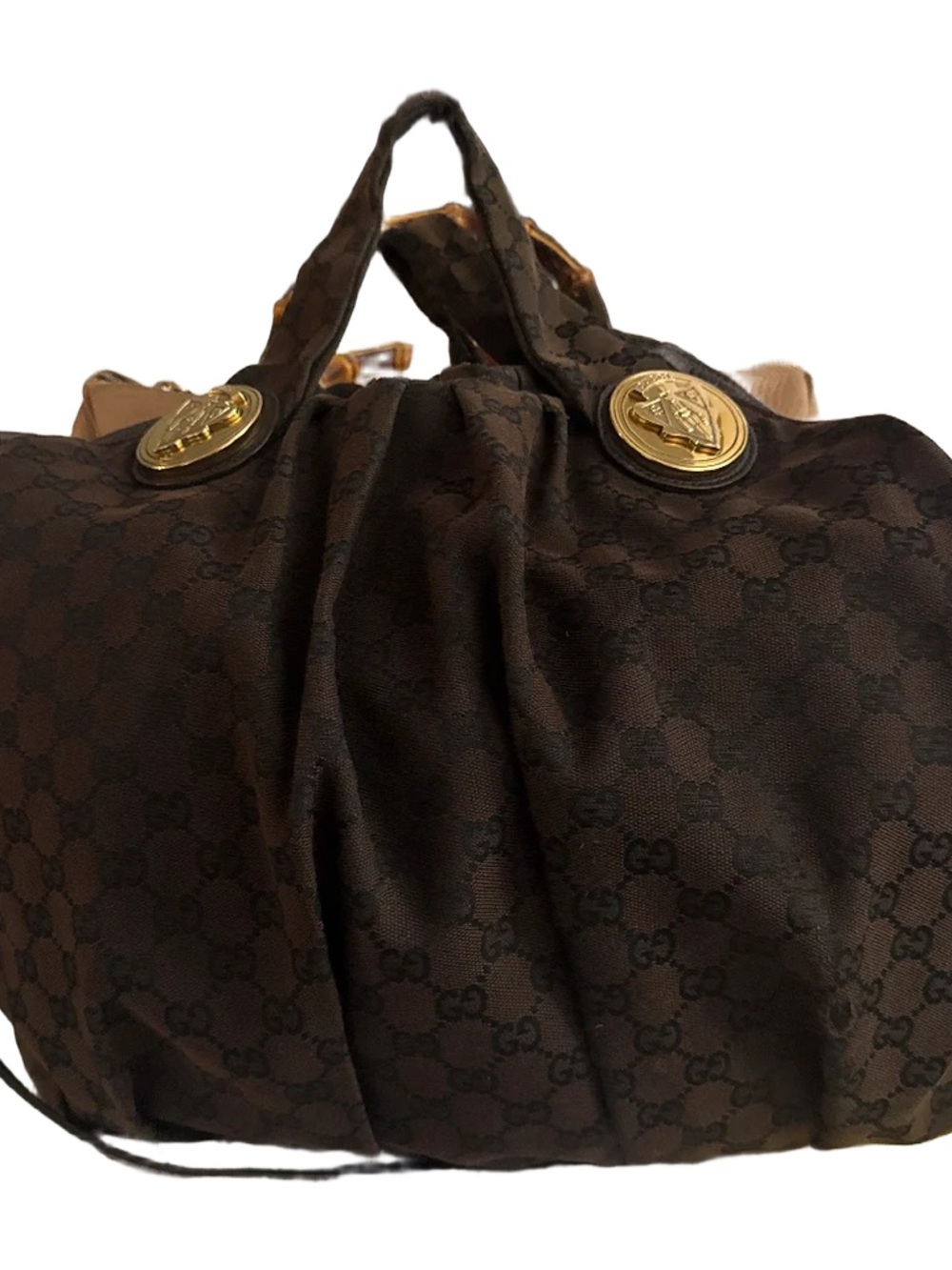 Gucci Dark Brown GG Canvas Shoulder Bag with Gold-Tone Medallions